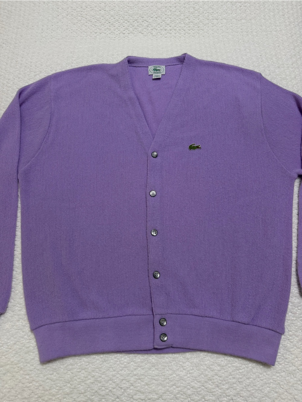 Izod Lacoste Vintage 1980s Acrylic V-Neck Cardigan Sweater Lilac Men’s Size XL